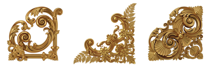 Exquisite Collection of Isolated Gold Rococo and Baroque Corner Designs, Featuring Ornate Frames, Detailed Floral Motifs, and Lush Ferns for Elegant Visuals