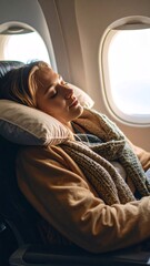 A young woman peacefully sleeping with neck pillow during a long-haul flight