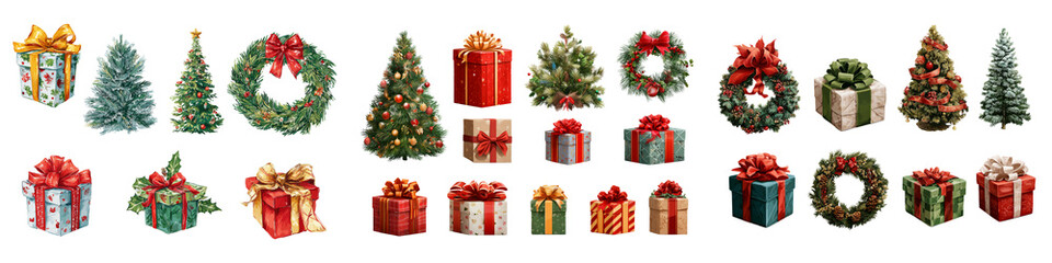 Collection of Christmas presents in boxes, Christmas tree and wreath isolated white or transparent background