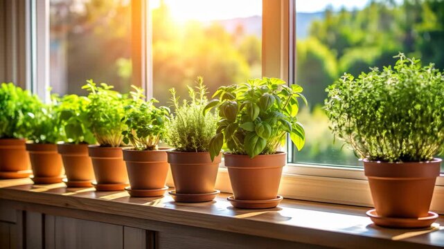 Herb Garden Row: Basil, Thyme, Rosemary, and More in Pots on Sunny Windowsill