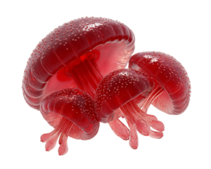 Translucent Ruby Red Mushroom Formations Glistening Spheres on Transparent Backdrop Close Up Detailed Art Illustration, PNG