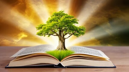 An open book with a vibrant green tree bonsai growing, pages symbolizes knowledge, wisdom, and growth. The glowing background enhances the concept of learning, enlightenment, the power of education.