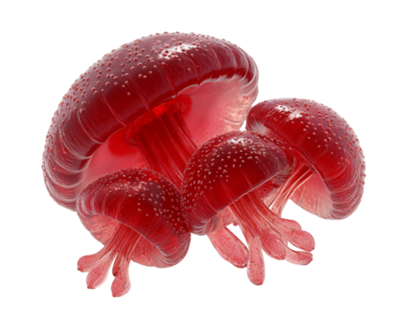 Translucent Ruby Red Mushroom Formations Glistening Spheres on Transparent Backdrop Close Up Detailed Art Illustration, PNG