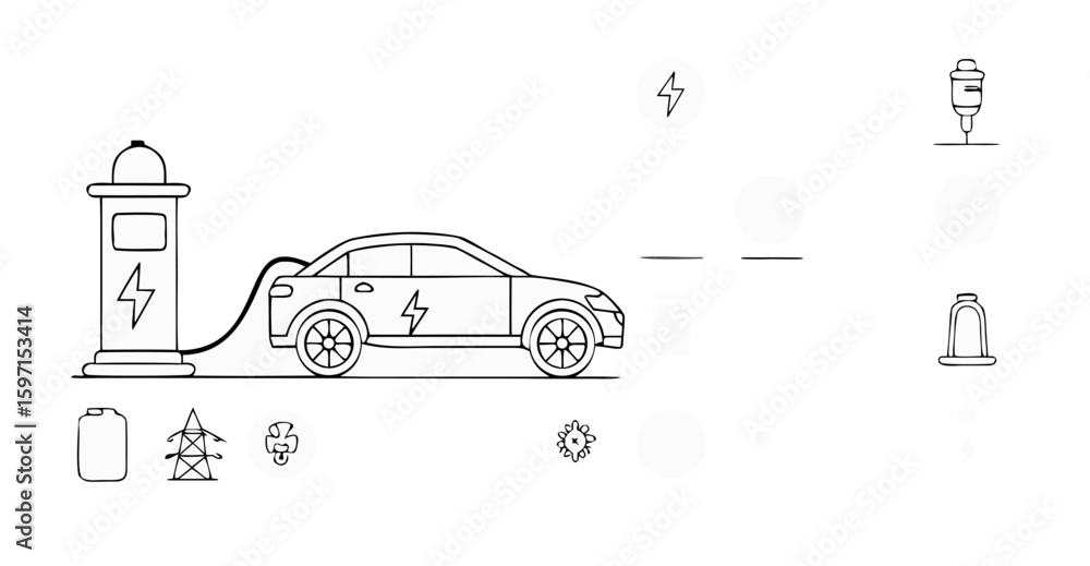 Poster vector electric car charging at a station with energy icons and power lines in a simple line drawing
