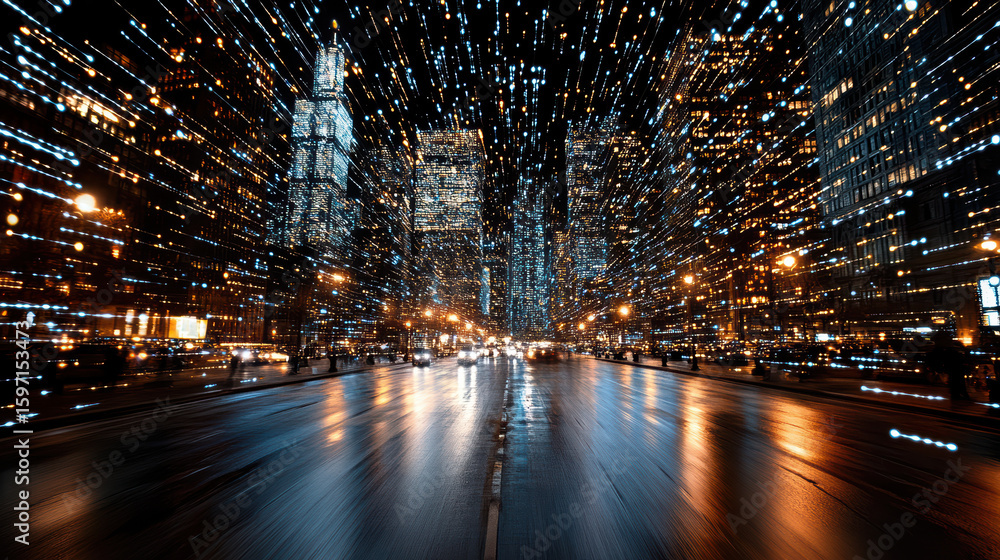 Poster vibrant cityscape with illuminated skyscrapers and light trails creating dynamic atmosphere