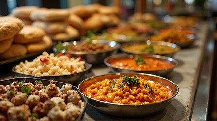 Obraz premium A vibrant buffet spread featuring an array of traditional Indian or Middle Eastern dishes in metal bowls, alongside stacks of fresh flatbreads.