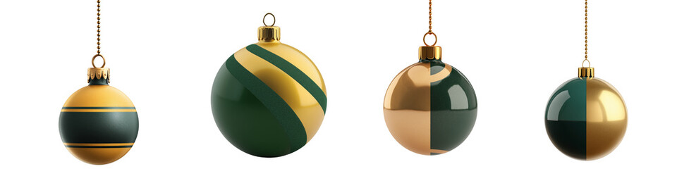 Collection of dark green and golden Christmas ornaments, isolated on white or transparent background