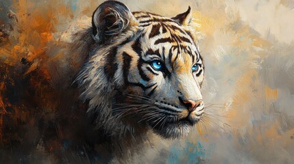 Fototapeta premium Majestic white tiger portrait, striking blue eyes, painted style