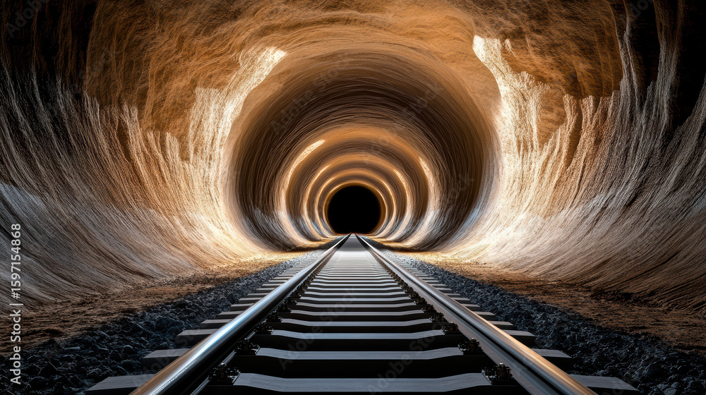 Poster tunnel with railway tracks leads into dark void, illuminated by soft light reflecting off walls