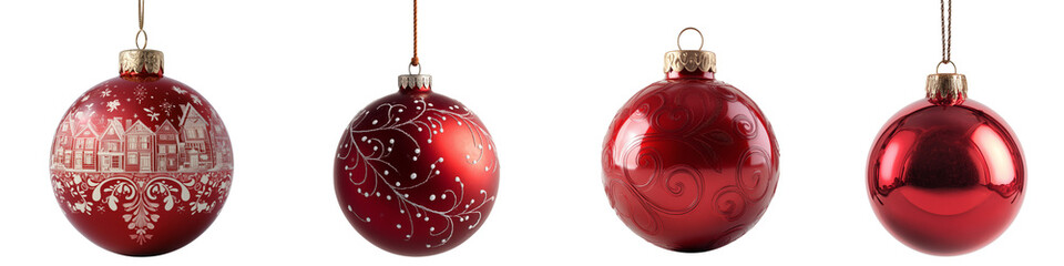 Collection of red Christmas ornaments, isolated on white or transparent background