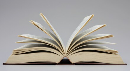 An open book with pages fanned out against a plain light gray background