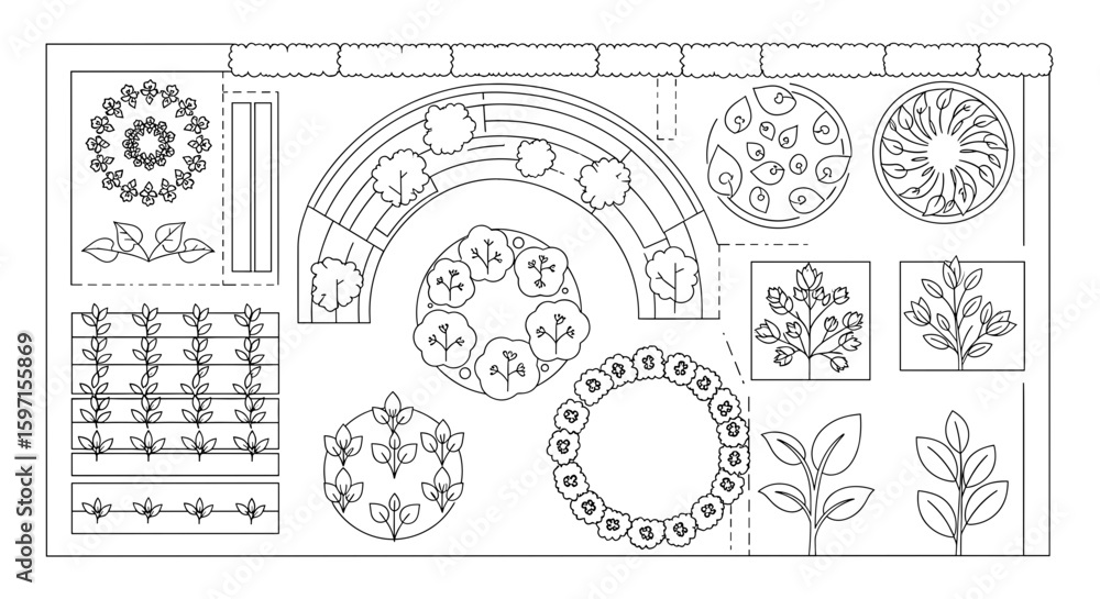 Poster overhead view of garden plan featuring plants trees and various floral arrangements in a plot layout