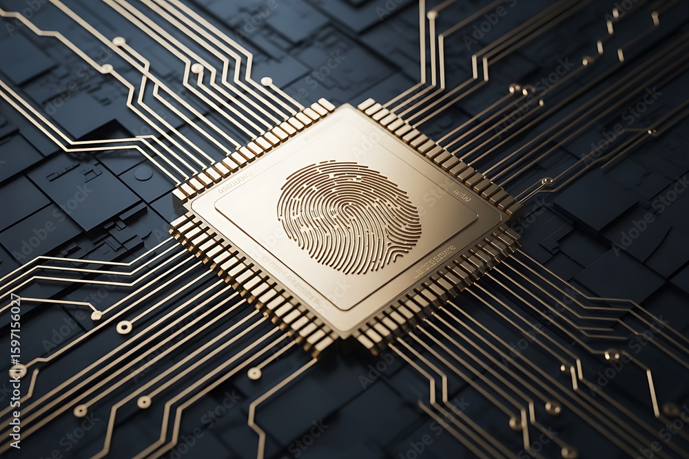 Poster golden microchip with fingerprint symbol and circuit board connections security technology