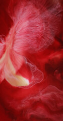 Liquid marble texture. Ripple fluid. Blur crimson red yellow colorful paint in acrylic water drop spreading on abstract background.