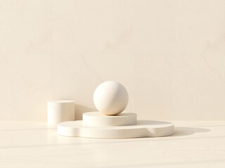 Minimalist beige stage with geometric shapes and soft lighting