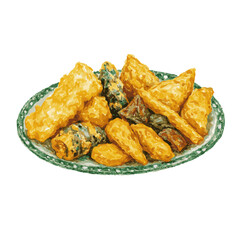 튀김 김말이 고구마튀김 만두튀김 분식 k-food 한식 바삭바삭 추억의음식 점심 간식 일러스트 수채화