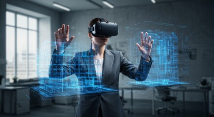 A person wearing a virtual reality headset interacts with a digital architectural model in an office setting