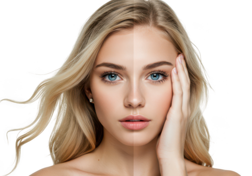 Beautiful young woman with blonde hair and blue eyes isolated on transparent background - Powered by Adobe