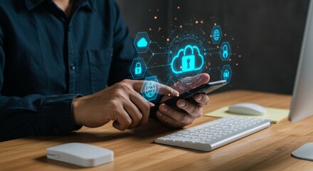 A person's hands use a phone, a digital cloud of data with glowing icons hovers above, suggesting tech security