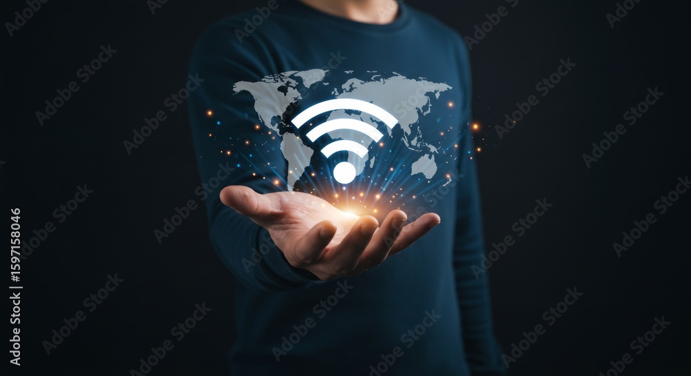 Poster a person's open hand supports a glowing wifi symbol above a translucent world map with connected lig