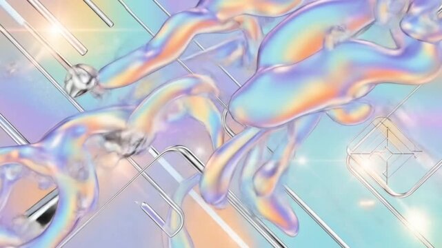 Iridescent holographic liquid forms twisting over pastel tech gridlines background seamless looping HD time-lapse animation video background