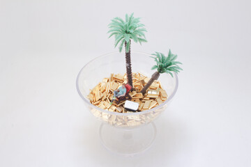 Miniature Tropical Island Scene with Palm Trees and Gold Bars
