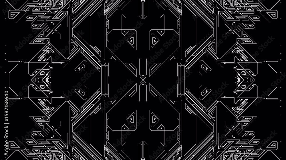 Poster abstract circuit board animation with symmetrical white lines on black background