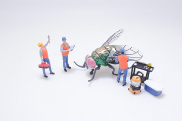 Miniature Figures Interacting with a Giant Model Fly on White Background
