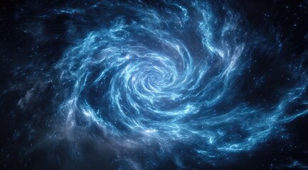 A swirling nebula in shades of blue, illuminated from within, creating a vortex effect against a dark space background speckled with distant stars