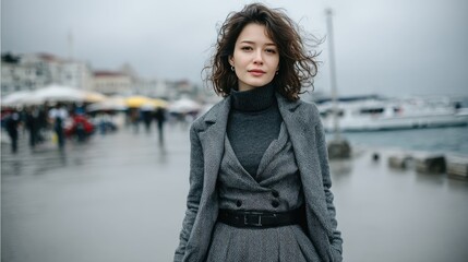 Fototapeta premium Stylish Woman in Gray Coat Enjoying a Stroll by a Foggy Harbor