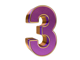 3D gold purple number 3 Isolated on transparent Background