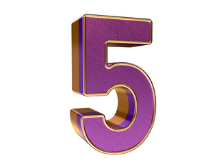 3D gold purple number 5 Isolated on transparent Background