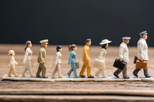 Education career progression concept, diverse ages of teaching professionals in mentorship chain, university setting, commercial photography quality