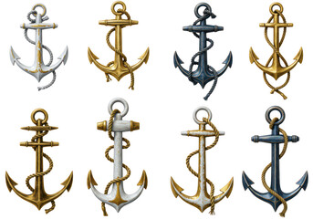 Collection of nautical anchors with rope isolated on transparent background