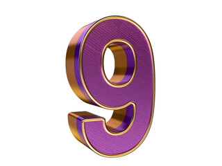 3D gold purple number 9 Isolated on transparent Background