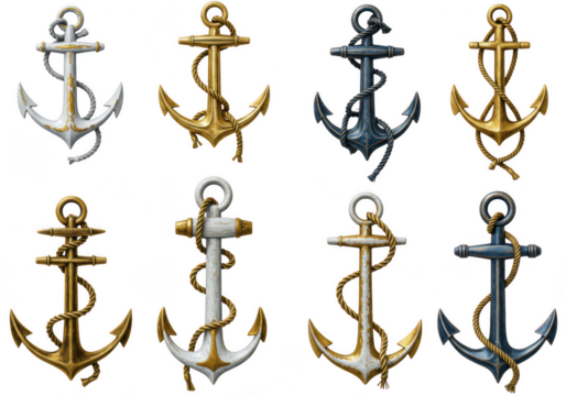 Collection of nautical anchors with rope isolated on transparent background