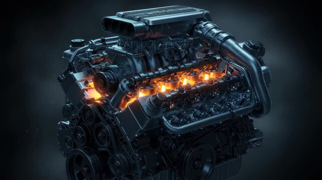 Dynamic close-up of a meticulously crafted V8 engine with illuminated cylinders, showcasing