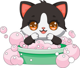 Cat Bathing In Bucket With Bubble Cartoon Vector