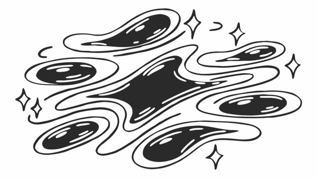 Illustration of abstract black shapes with white outlines and scattered four pointed stars around them