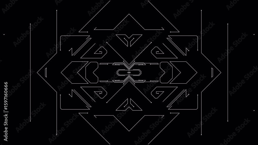 Poster abstract geometric animation of white lines forming symmetrical patterns on black background