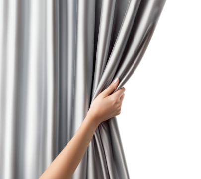 Female hand opening a gray curtain, isolated on transparent background