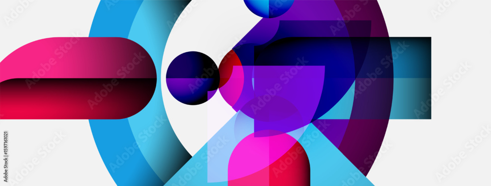 Poster abstract composition featuring overlapping colorful shapes. vivid blues, purples, pinks create dynam