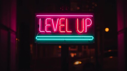 Neon sign at night displaying 'Level Up' in pink and teal. - Powered by Adobe