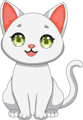 White Cat Sitting on Ground Front View Vector