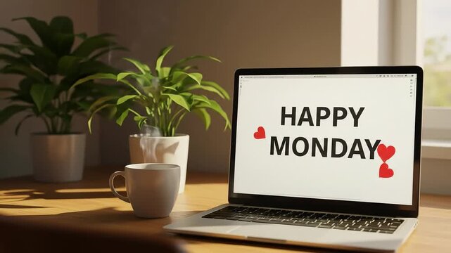 Happy Monday Laptop Screen Cozy Home Office Workspace