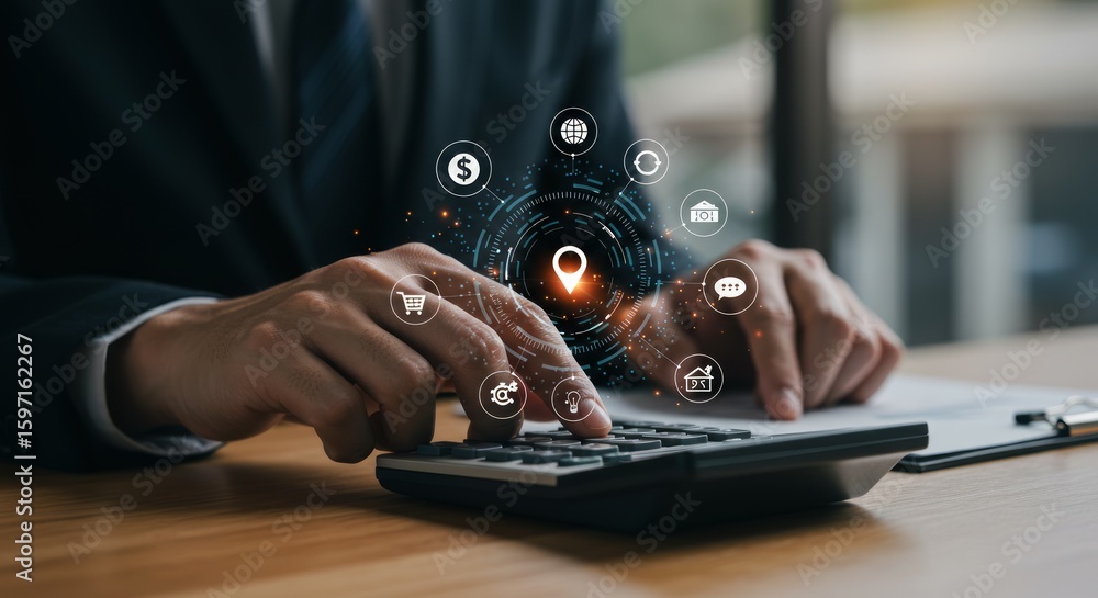 Poster a suited individual's hands calculate with a calculator, surrounded by digital icons representing fi