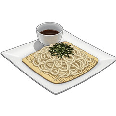 Delicious Udon Noodles with Seaweed and Dipping Sauce on a Plate