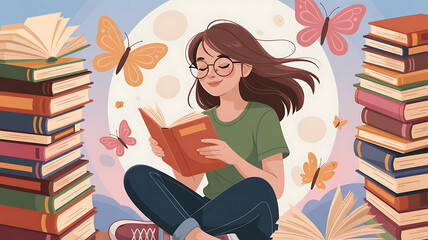 Young woman reading book surrounded by stacks of books and butterflies