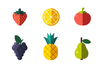 Vibrant Flat Fruit Icons Vector Graphic with Strawberry Lemon Persimmon Grapes Pineapple and Pear on Transparent Background in Clean Geometric Style, PNG
