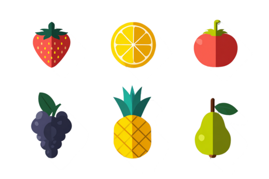 Vibrant Flat Fruit Icons Vector Graphic with Strawberry Lemon Persimmon Grapes Pineapple and Pear on Transparent Background in Clean Geometric Style, PNG